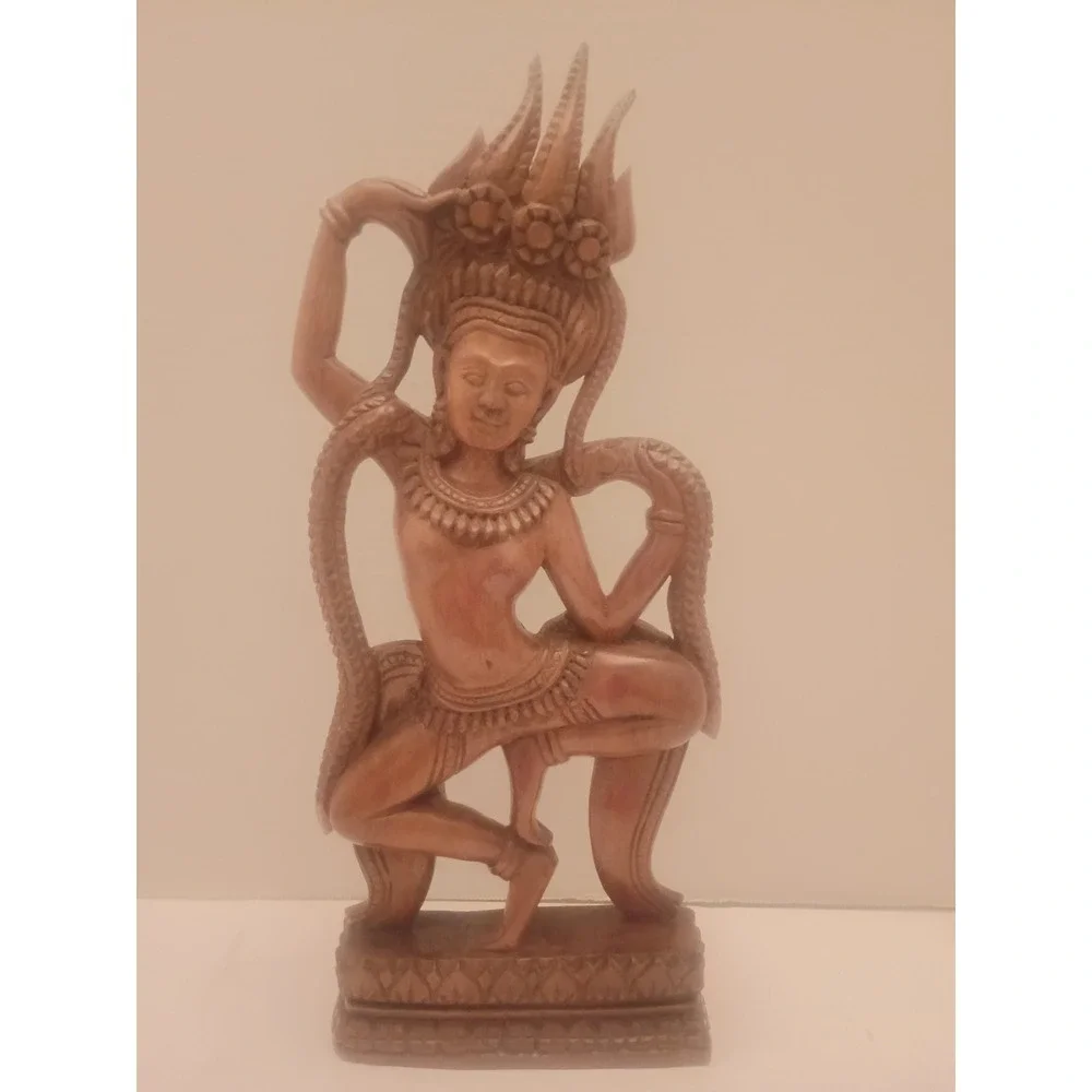 Vintage Hand Carved Red Wooden Cambodian Dancing Dancing Apsara Sculpture...